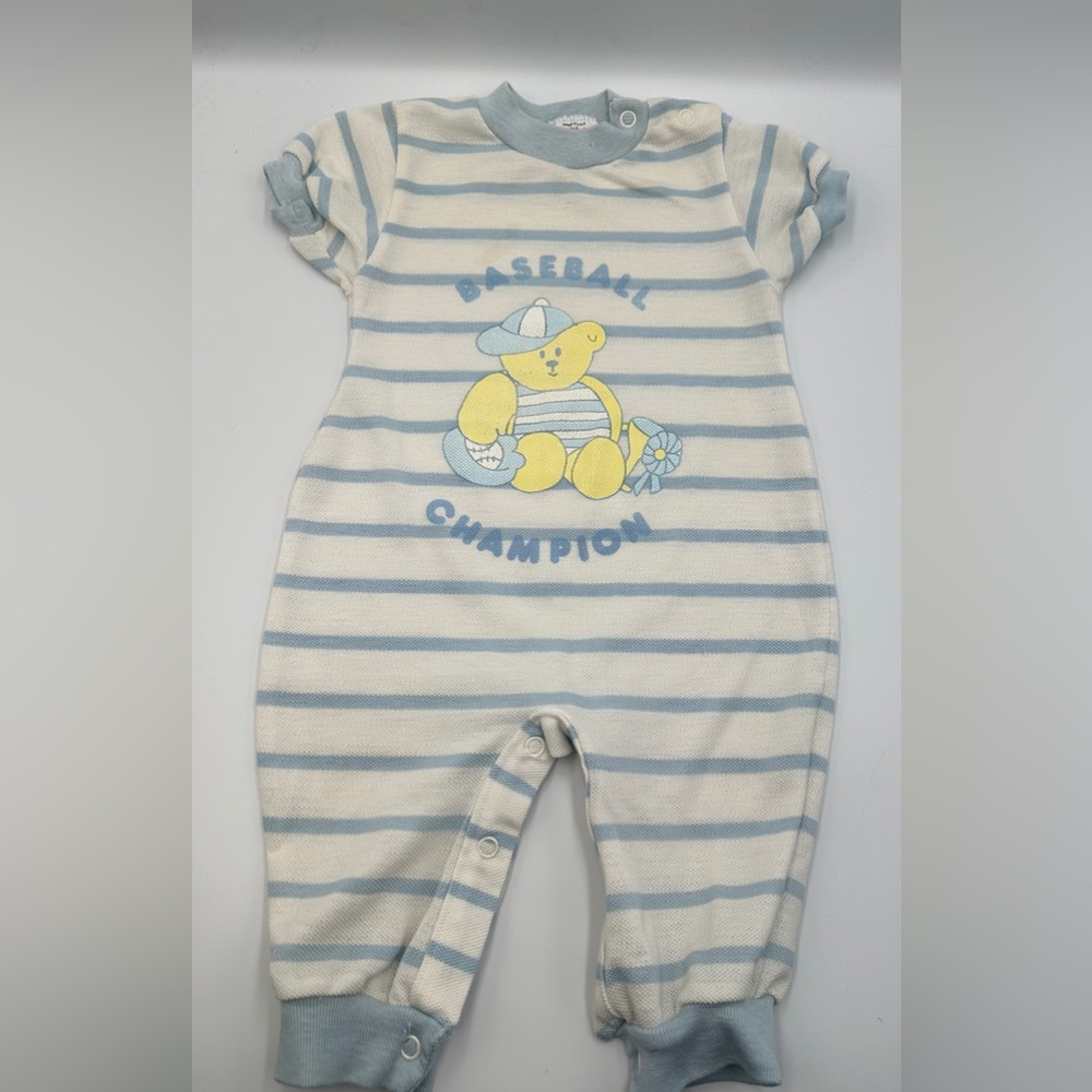 Vintage Health-Tex Boys Striped Teddy Bear Baseball Champion Romper Size 6-9 Mo